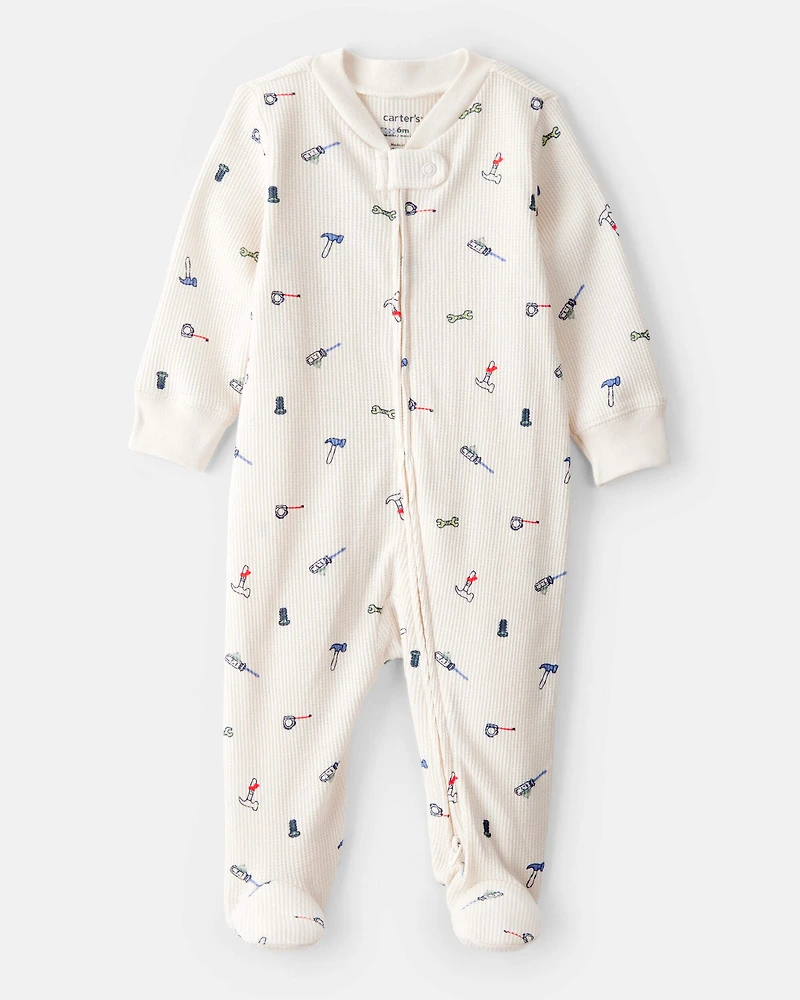 Baby Boy Construction Print Cotton Long-Sleeve Snug Fit Sleep & Play Pajamas - White