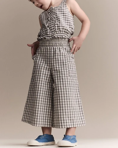 Toddler Girl Gingham Smocked Wide Leg Pant - Cream/Grey