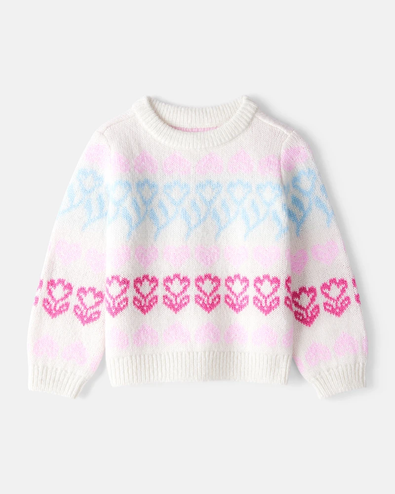Toddler Girl Floral Fairisle Sweater - Pink/White