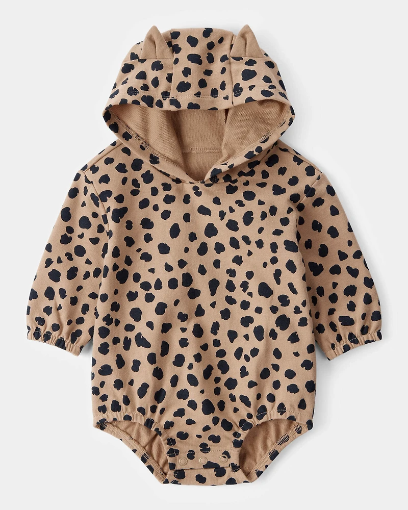 Baby Leopard Hooded Long-Sleeve Bubble Romper - Brown