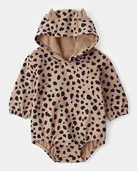 Baby Leopard Hooded Long-Sleeve Bubble Romper - Brown