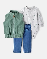 Baby Boy 3-Piece Corduroy Vest, Bodysuit & Pant Set - Green