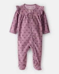 Baby Girl Heart Print Fleece Long-Sleeve Sleep & Play Pajamas - Purple