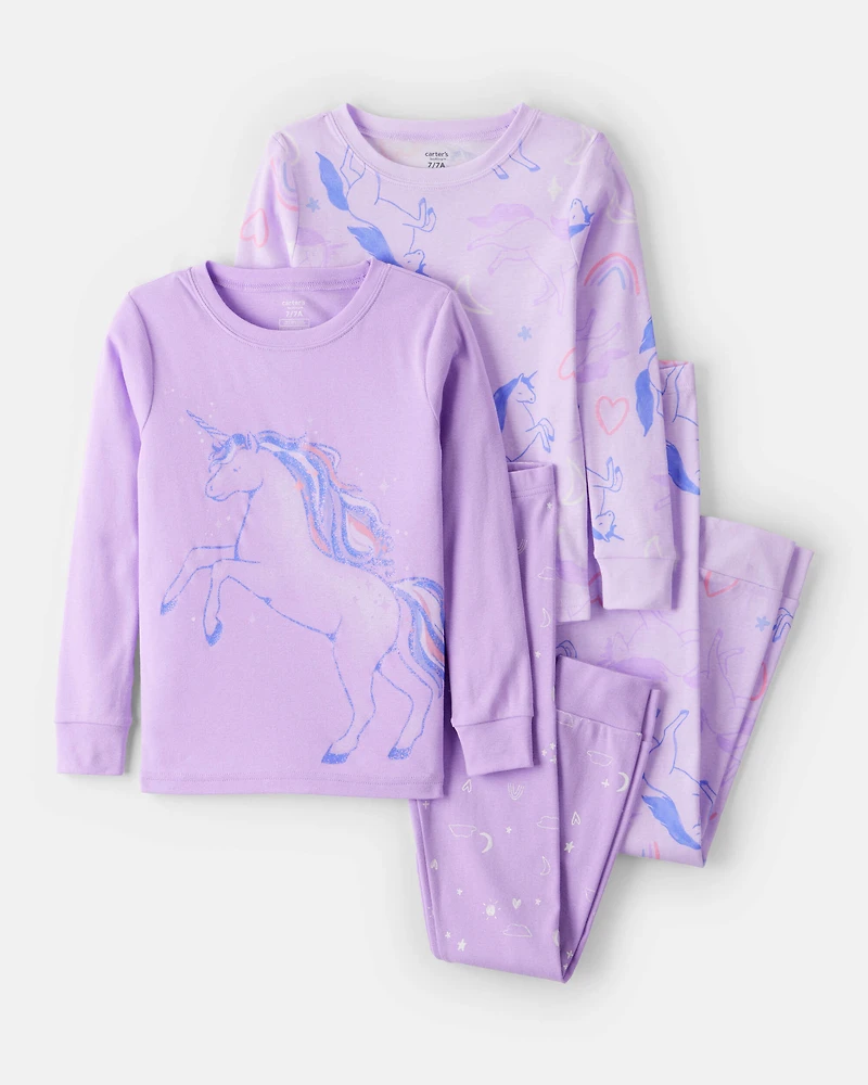 Girls Unicorn Print 100% Cotton Long-Sleeve 4-Piece Pajamas - Purple