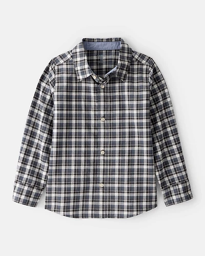 Boys Plaid Cotton Long-Sleeve Button-Down Shirt - Grey