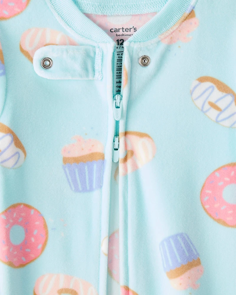 Baby Girl Donuts Print DreamPlush Long-Sleeve Snug Fit 1-Piece Pajamas - Blue