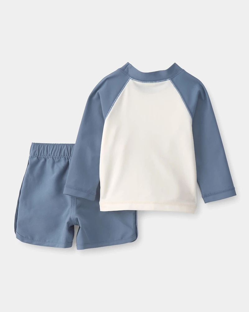 Baby Boy 3-Piece Palm Tree Long-Sleeve Rashguard Swimsuit Set - Blue/White