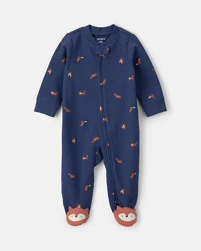Baby Boy Fox 100% Cotton 2-Way Zip Sleep & Play Pajamas - Navy Blue