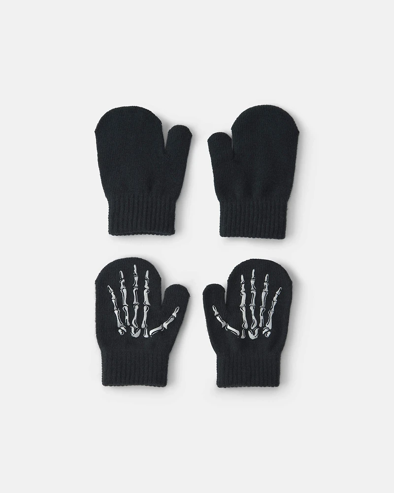Toddler Boy 2-Pack Skeleton Halloween Mittens - Black