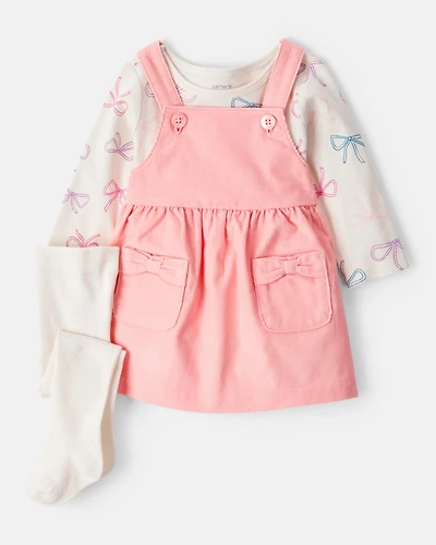 Baby Girl 3-Piece Bow Heart Print Long-Sleeve Dress Set - Ivory/Pink