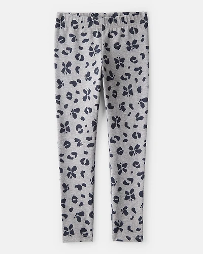 Girls Butterfly Leopard Print Pull-On Stretch Leggings - Grey