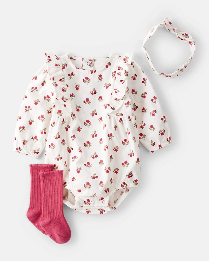 Baby 3-Piece Floral Bubble Outfit Set - Pink/White