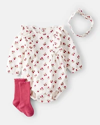 Baby 3-Piece Floral Bubble Outfit Set - Pink/White