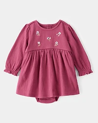 Baby Embroidered Floral Bodysuit Dress - Pink
