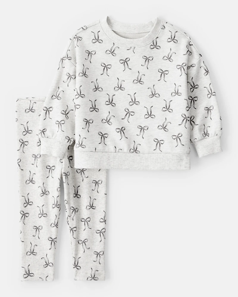 Baby Girl Bow Print Long-Sleeve Tee & Pant Set - Grey