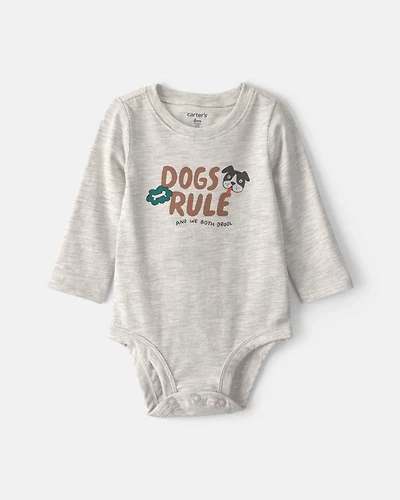 Baby 'Dogs Rule' Long-Sleeve Graphic Bodysuit - Grey