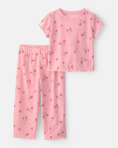Toddler Girl Strawberry Rib Loose Fit 2-Piece Pajama Set - Pink
