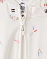 Baby Girl Painting & Coloring Print PurelySoft Long-Sleeve 2-Way Zip 1-Piece Pajamas - Ivory