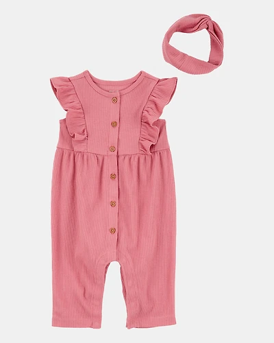 Baby Girl 2-Piece Solid Flutter-Sleeve Relaxed Fit Jumpsuit & Headwrap Outfit Set - Pink