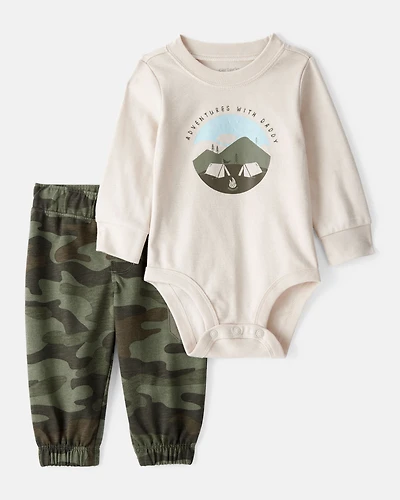 Baby Boy Camping Camo Cotton Long-Sleeve Bodysuit & Pant Set - Green/Beige