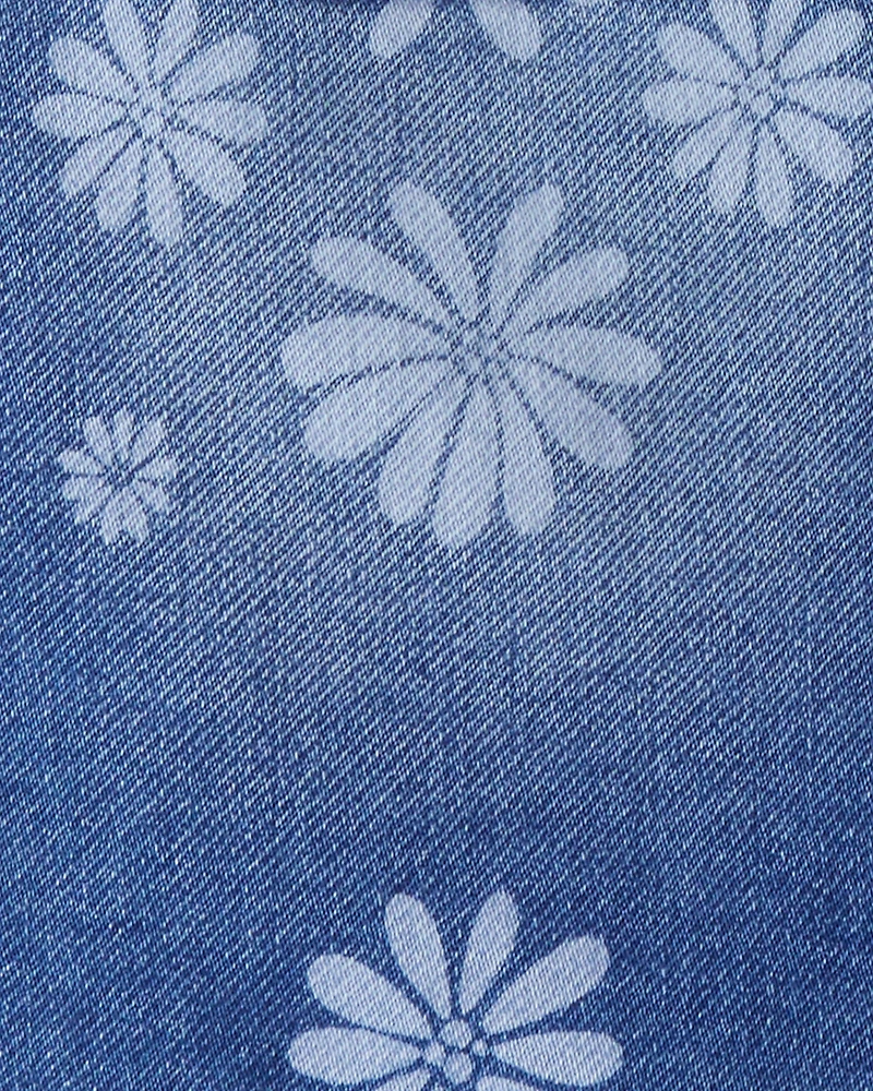 Girls Dark Wash Floral Denim Jacket - Blue