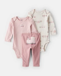 Baby Girl 3-Piece Train Print Long-Sleeve Bodysuit & Pant Set - Pink
