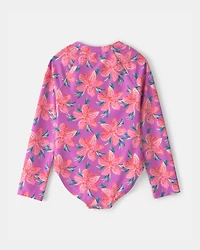Girls Tropical Floral Rashguard Swimsuit - Purple