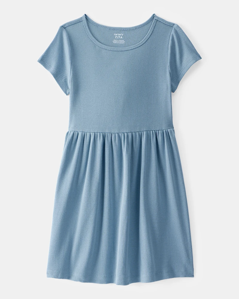 Girls Ribbed Short-Sleeve Dress - Blue