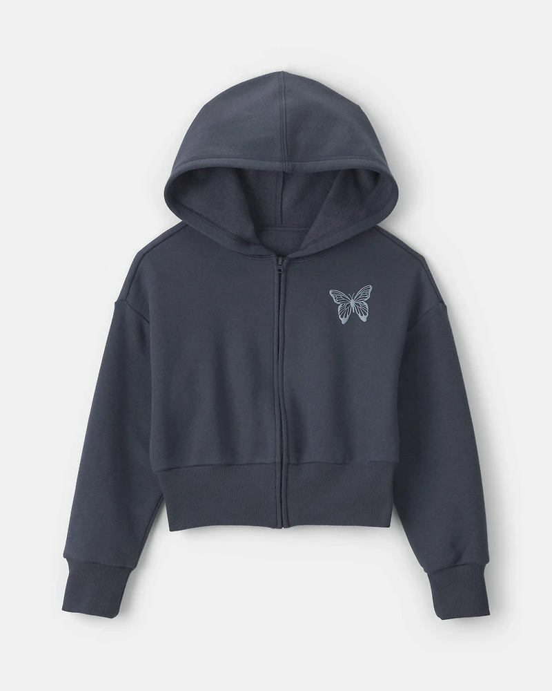 Girls 'Butterfly' Fleece Zip-Up Hoodie - Navy Blue