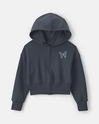 Girls 'Butterfly' Fleece Zip-Up Hoodie - Navy Blue