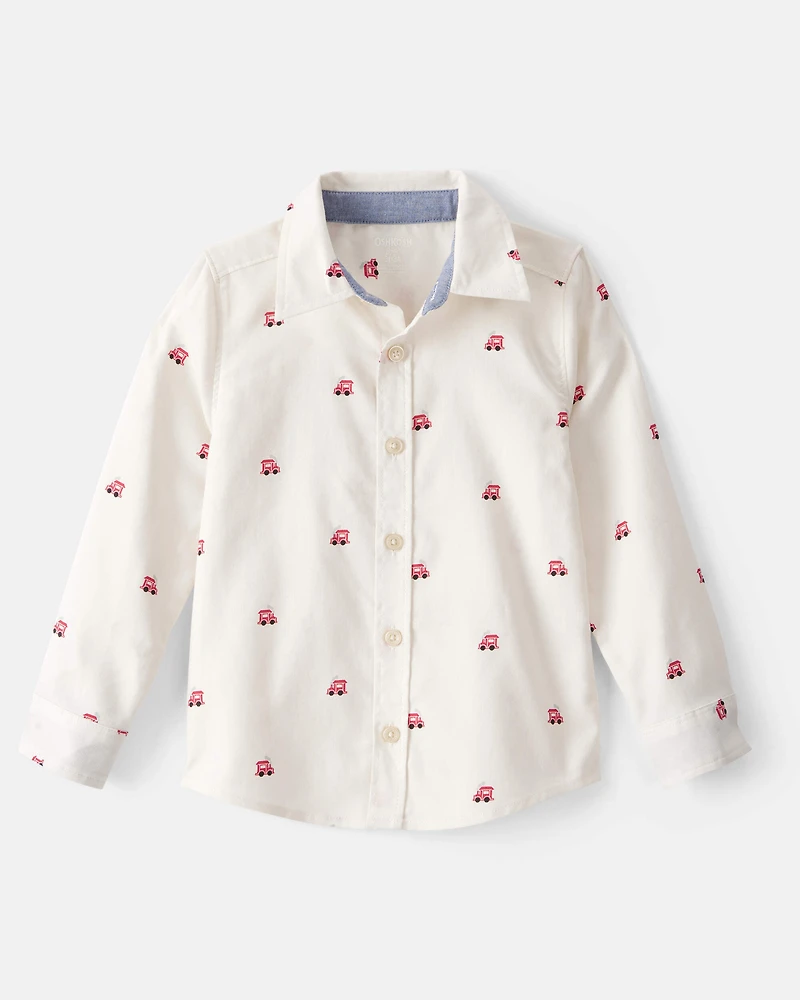 Toddler Boy Train Print  Button-Down Shirt - White