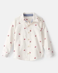 Toddler Boy Train Print  Button-Down Shirt - White