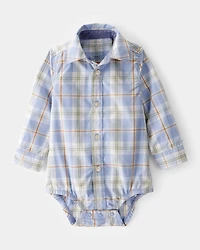 Baby Boy Poplin Plaid Button-Front Long-Sleeve Bodysuit