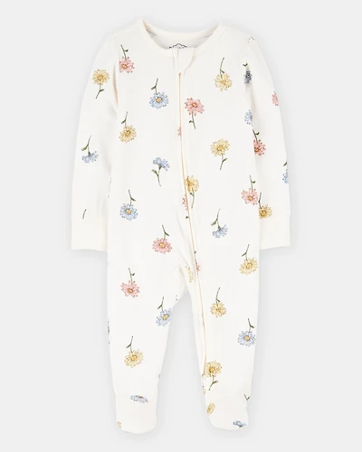 Baby Girl Floral Print 2-Way Zip PurelySoft Sleep & Play Pajamas - Ivory