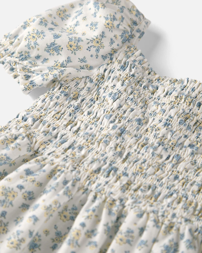 Toddler Girl Smocked Dress Made with Organic Cotton in Spring Bloom Print
