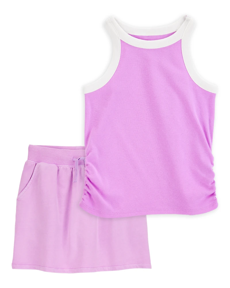 Kid 2-Piece Ribbed Tank Top & Active Drawstring Skort Set - Purple