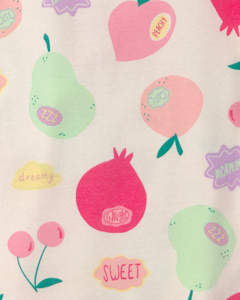 Girls Fruit 100% Cotton Short-Sleeve Snug Fit 4-Piece Pajama Set - Pink