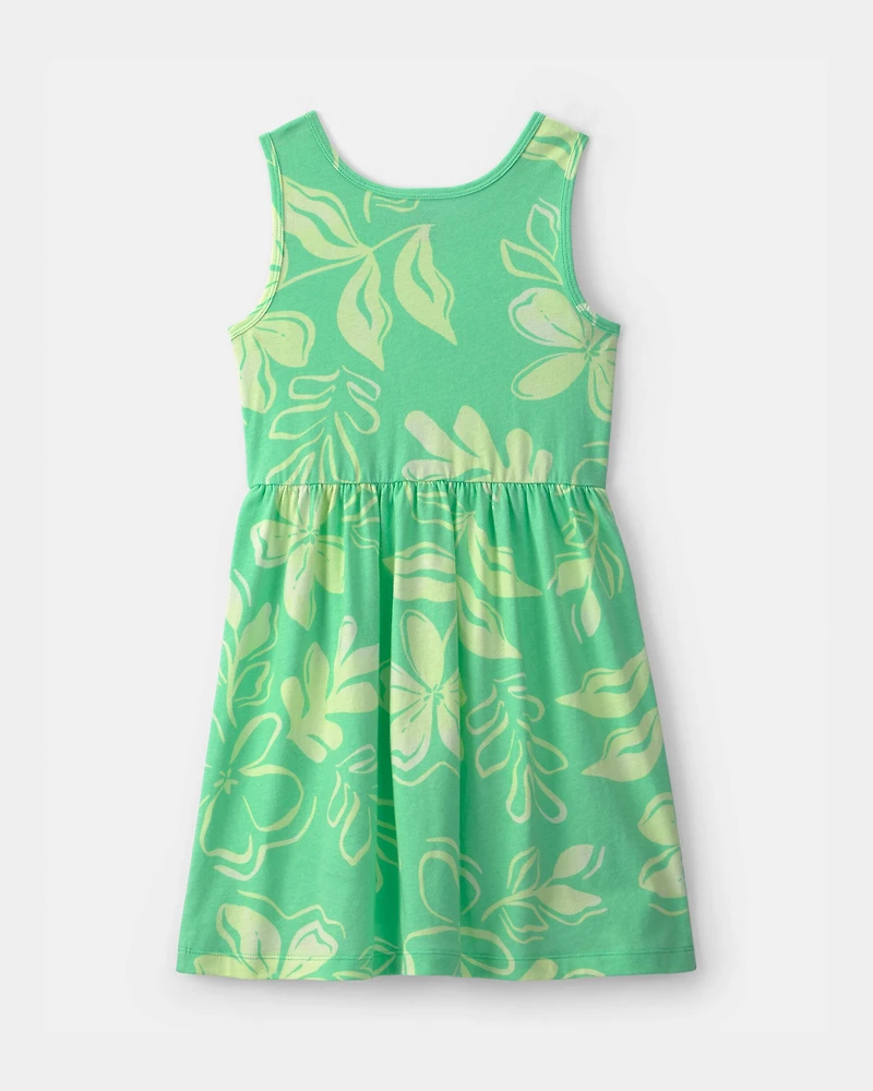Girls Tropical Floral Short-Sleeve Knit Dress - Green