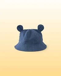 Baby Chambray Bucket Hat with Bear Ears - Indigo