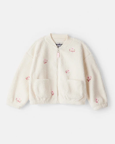 Toddler Girl Floral Sherpa Bomber Jacket - Ivory
