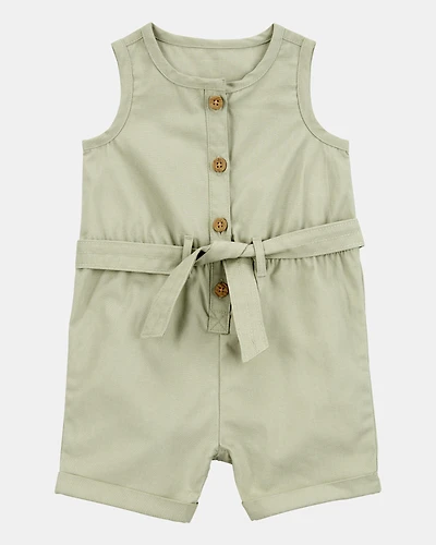 Baby Girl Sleeveless Canvas Romper - Olive