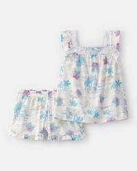 Girls 2-Piece Tropical Beach Short-Sleeve Loose Fit 2-Piece Pajama Set