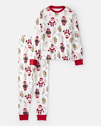 Adult Brown Santa Milk & Cookies 100% Cotton Long-Sleeve Snug Fit 2-Piece Pajamas - White