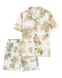 Kid 2-Piece Palm Tree Button-Down Shirt & Shorts Set