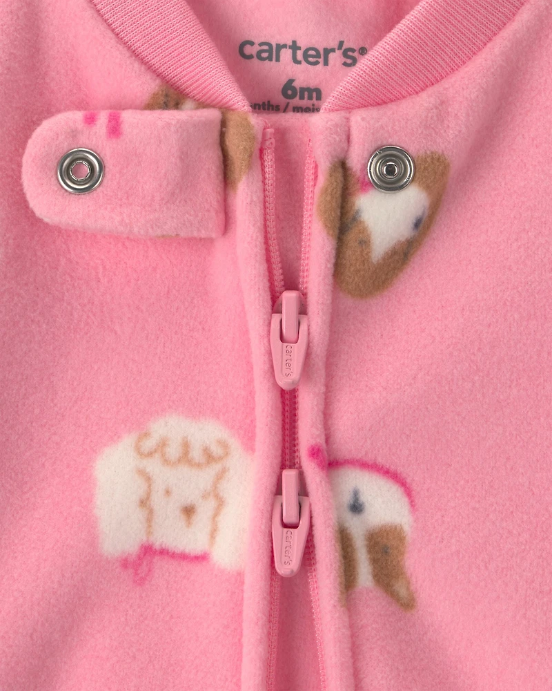 Baby Girl Dog Fleece 2-Way Zip Sleep & Play Pajamas - Pink