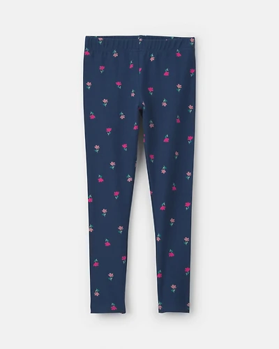 Girls Floral Pull-On Stretch Leggings - Navy Blue