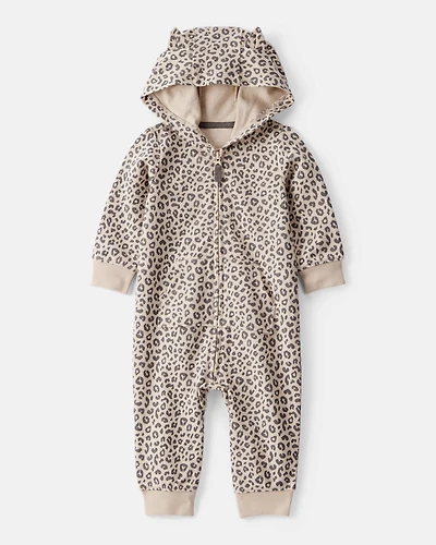 Baby Girl Cat Leopard Print Cotton Long-Sleeve Hooded Jumpsuit - Brown