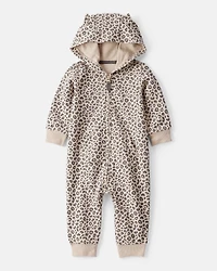Baby Girl Cat Leopard Print Cotton Long-Sleeve Hooded Jumpsuit - Brown