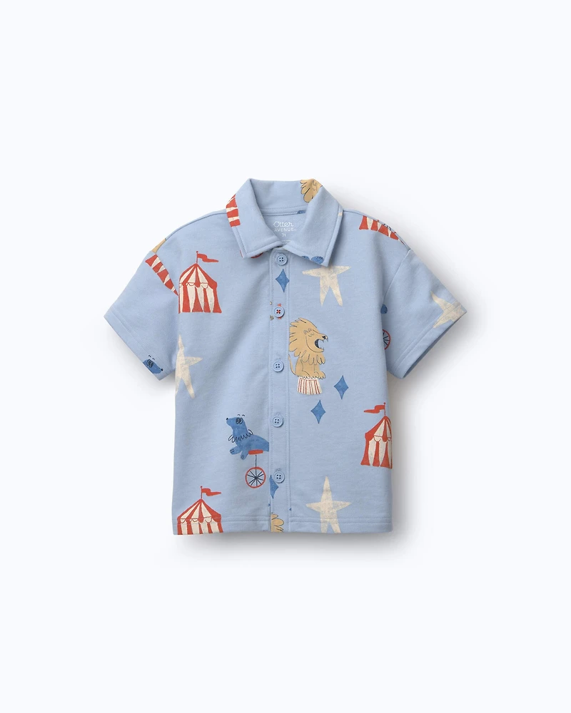 Toddler Boy Button-Down Short-Sleeve Shirt in Circus Print - Blue