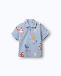 Toddler Boy Button-Down Short-Sleeve Shirt in Circus Print - Blue
